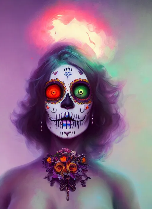 Prompt: portrait of dia de muertos, extremely detailed digital painting, in the style of fenghua zhong and ruan jia and jeremy lipking and peter mohrbacher, mystical colors, rim light, beautiful lighting, 8 k, stunning scene, raytracing, octane, trending on artstation