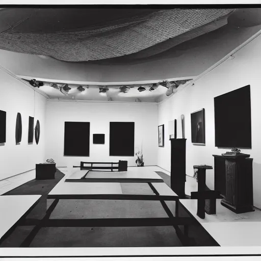 Image similar to A black and white screen print of gallery exhibition view from the 60s with colonial artifacts on display, anthropology, colonial, wild, exotic, artifacts, pedestal, ethnography, screen printing