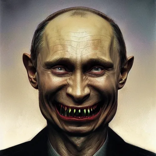 Prompt: vladimir putin, is evil gremlin, rotten teeth, horror, macabre by donato giancola and greg rutkowski and wayne barlow and zdzisław beksinski, realistic face, digital art