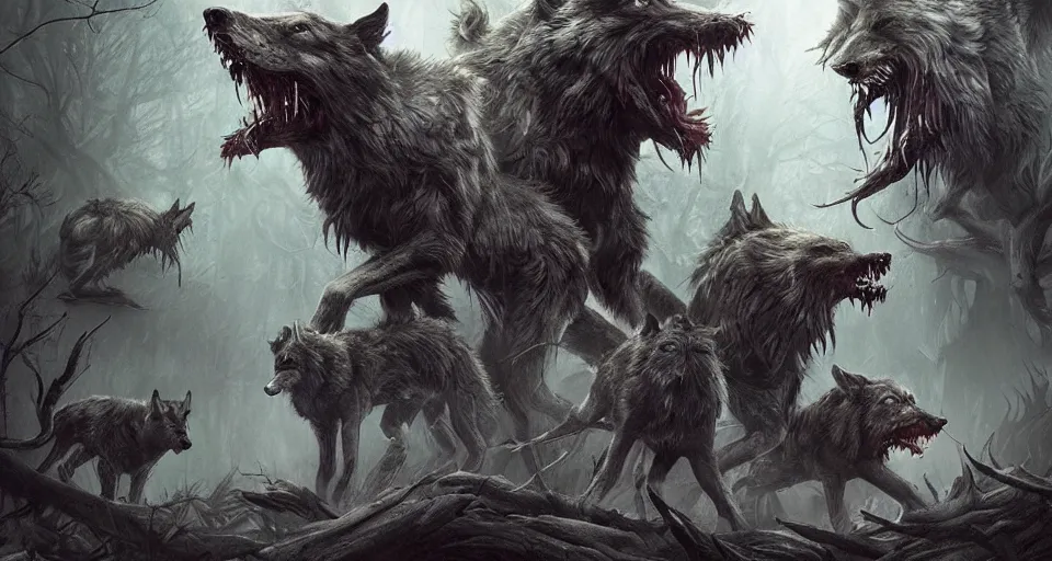Prompt: an epic action concept masterpiece of a rabid wolfpack, in a forest made of nightmares, horrific digital art, extremely moody lighting, style of magali villeneuve