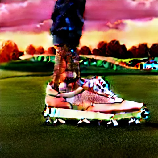 Image similar to a photoshoot for a new golf le fleur shoe designed by travis scott, 8 k concept art, golden hour, vintage, pink skies, cloudy, dreamy, extremely detailed