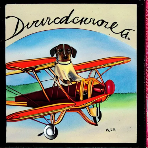 Prompt: a dachshund with glasses piloting a biplane, detailed