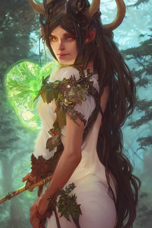 Prompt: cute Tiefling Druid with long horns, colorful leaves on light leather armor, holding tree staff, ,demon tail light-brown skin, highly detailed, digital painting, artstation, concept art, sharp focus, illustration, art by artgerm and greg rutkowski and alphonse mucha