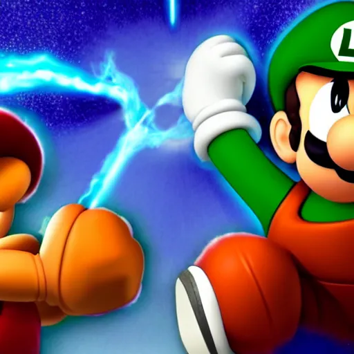 Image similar to luigi and goku battle, epic lighting