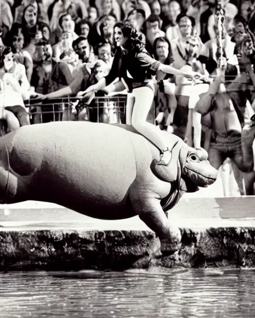 Prompt: photograph of Madonna Ciconne riding a Hippo during a concert performance