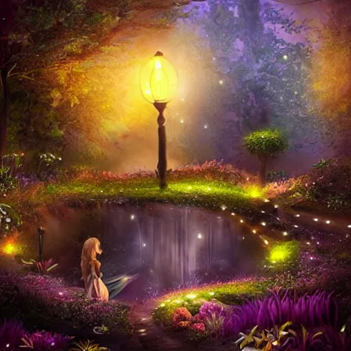 Prompt: fairy glowing magically at night concept art, realistic garden, beautiful, glorious, matte painting