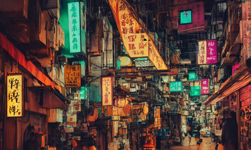 Prompt: Digital Art trending on Deviantart, Artstation and r/Art by Annie Leibovitz and Ansel Adams of an alleyway lined with shops in Hong Kong with bright neon signs