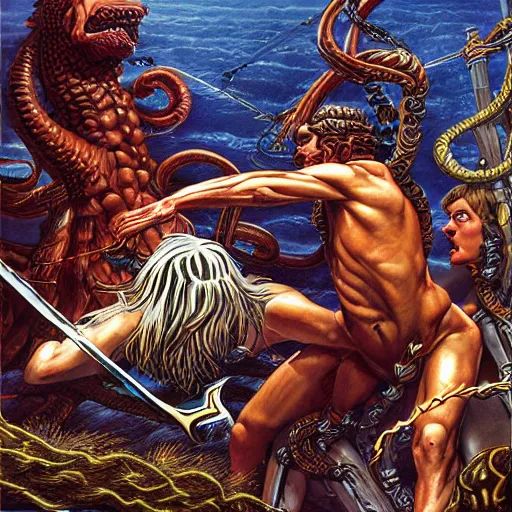 Prompt: detailed illustration of perseus vs medusa, hyper detailed, realistic, artwork by larry elmore, cinematic lighting