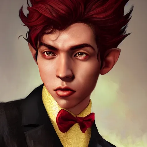 Image similar to portrait of a beautiful nonbinary actor with dark skin and messy short red hair wearing a men's suit, he has elf ears and gold eyes, by Gerald Brom and Ross Tran, dramatic lighting, 4K, trending on artstation