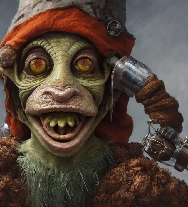 Prompt: hyper realistic portrait of postapocalyptic muppet show elf goblin death cult monk, glass beads, clay amulets, cinematic, symmetric, dark crystal, artstation, cgsociety, brian froud, alan lee, jean baptiste monge, scott radke