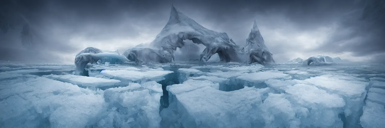 Prompt: photo of A (gigantic) monster trapped under the ice by marc adamus