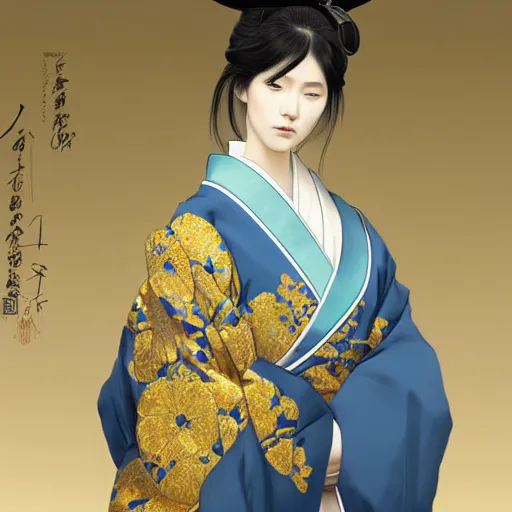 Prompt: japanese geisha portrait, pale blue and gold kimono, art by artgerm, wlop, loish, ilya kuvshinov, 8 k realistic, hyperdetailed, beautiful lighting, detailed background, depth of field, symmetrical face, frostbite 3 engine, cryengine