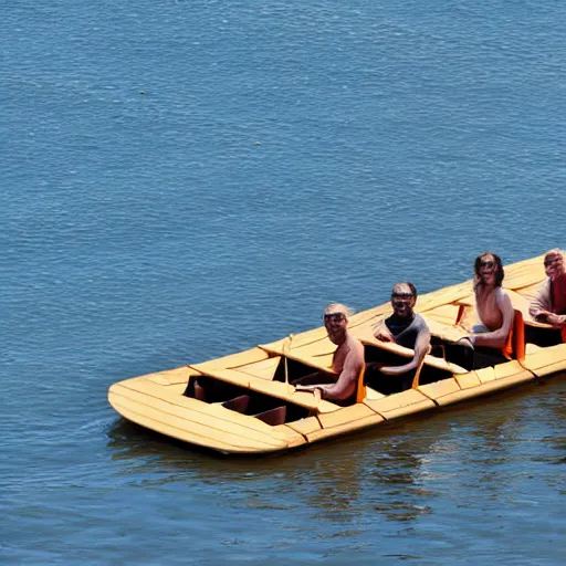 Prompt: four people on a wooden raft