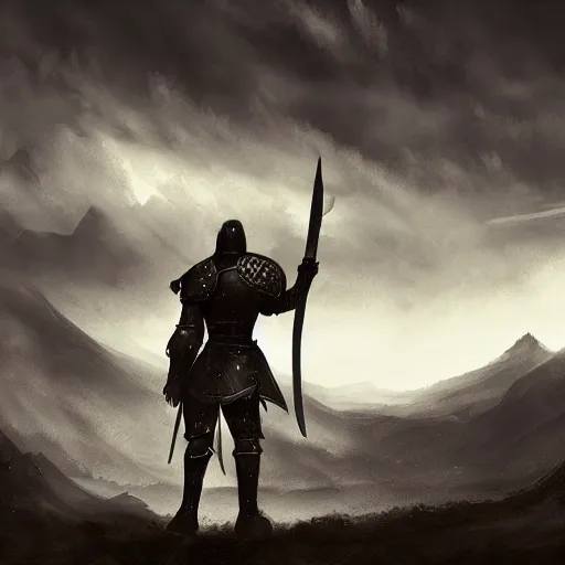 Image similar to Silhouette of a male warrior wearing knight armor holding a sword and shield, facing away towards a mountain in the distance, digital art, digital painting, matte painting, very beautiful, atmospheric dramatic lighting, highly detailed, fantasy artwork, dnd