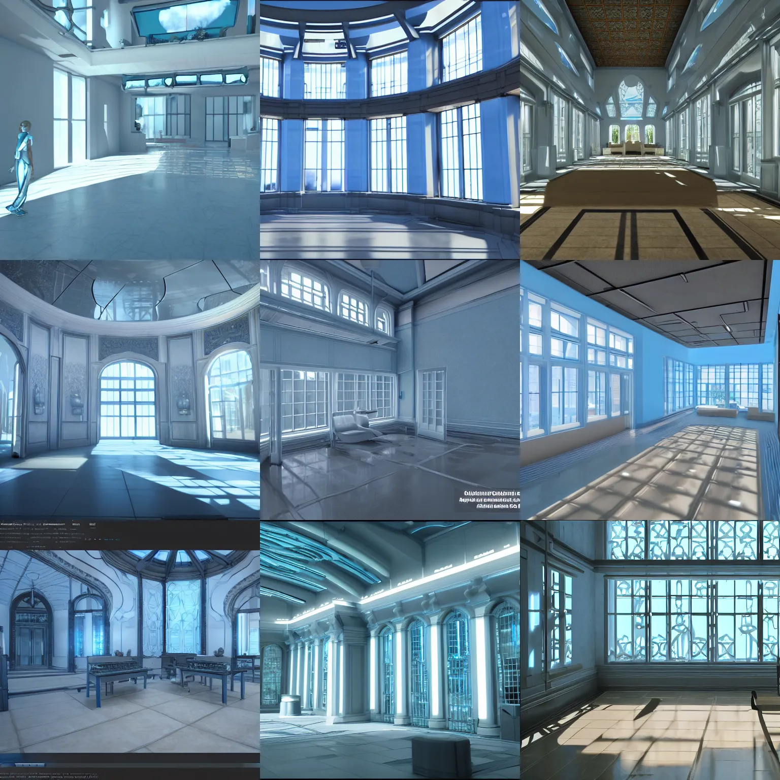 Prompt: the narthex, light blue reflective shiny walls, clouds outside the windows, unreal engine 5, futuristic, maya rtx rendering, extreme high intricate details