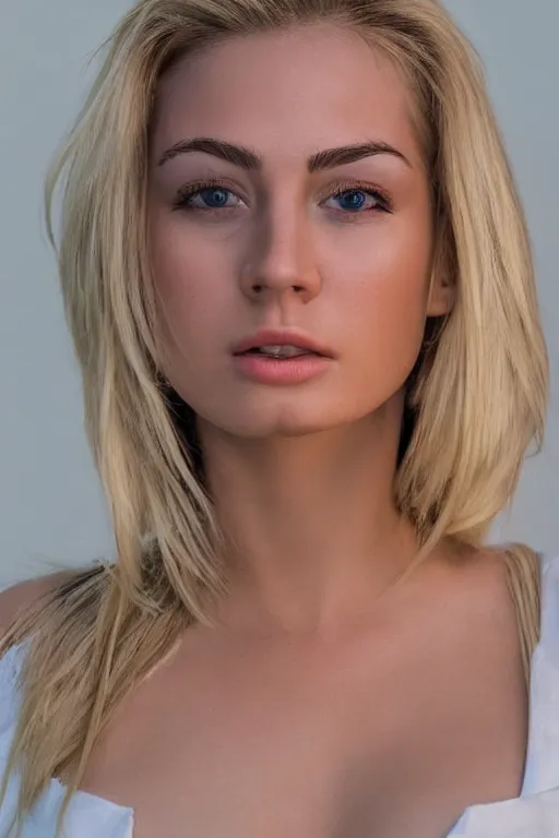 Image similar to 2 4 year old professional blonde female wearing white v - neck top, neck zoomed in from lips down, photo realistic, extreme detail skin, no filter, slr, golden hour, 4 k, high definition, photograph, selfie