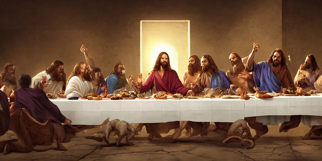 Prompt: professional physically based octane render of Jesus fighting Venom at the Last Supper, character concept art, epic composition, style of Marvel, 8k comic art, intricately detailed