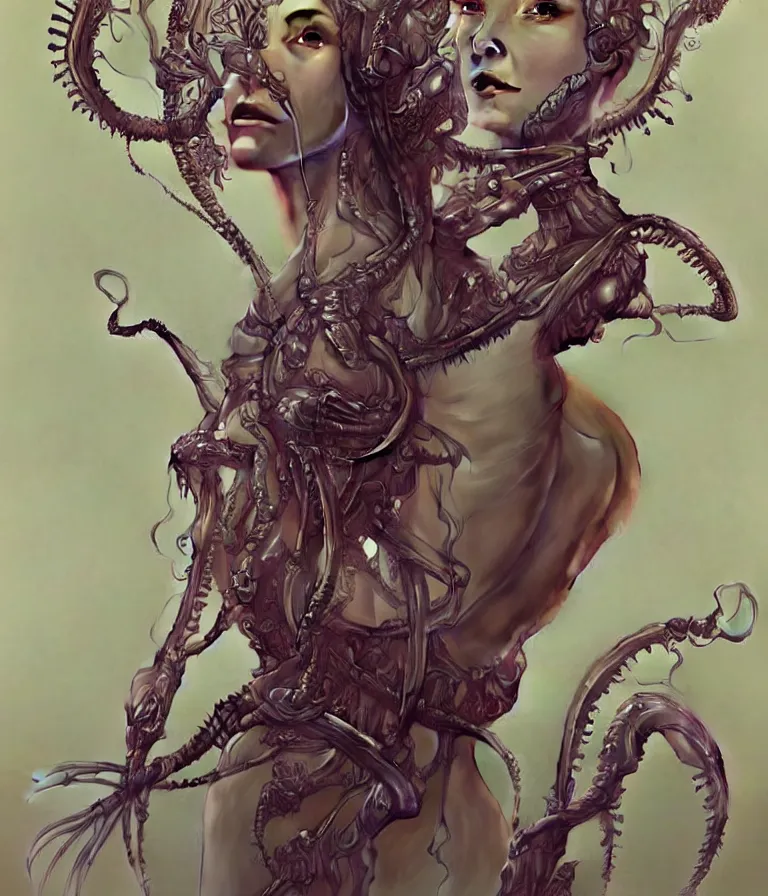 Image similar to fully symmetrical centered portrait of a beautiful princess in robe. artificial muscles, ribcage, bones, hard surface modelling. cyberpunk look. biomechanical mask. bio luminescent biomechanical halo around head. jellyfish. artwork by jarold Sng by artgerm, by Eddie Mendoza, by Peter mohrbacher by tooth wu by alfons mucha, unreal engine, octane render, cinematic light, iridescent details, iridescent colors, dichroic, macro, depth of field, blur