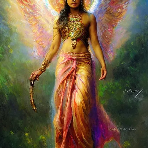 Image similar to Sri lankan girl as a winged angel covered in eyes with glowing halo, iridescent, seraphim, art by Daniel F. Gerhartz,