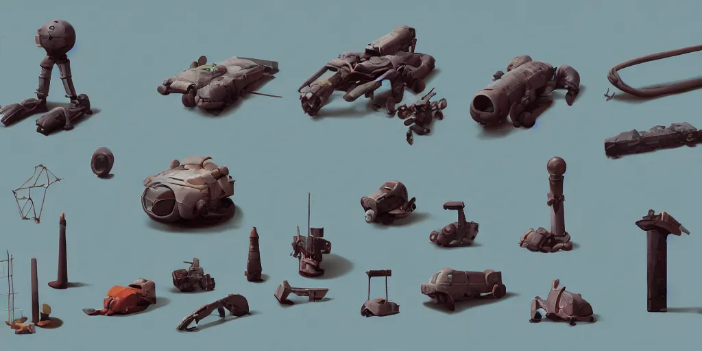 Image similar to collection of exploration of form and shapes, props, hard surface, panel, simon stalenhag, kitbash, items, gadget, big medium small, close up