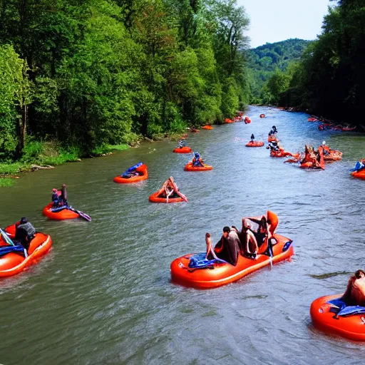 Prompt: a group of people floating down a river grooving out