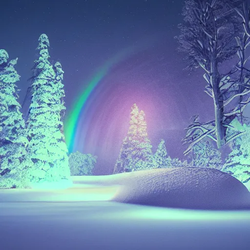 Prompt: landscape, dramatic lighting, octane render, volumetric lighting, artbreeder, snowy rainbow woods at night