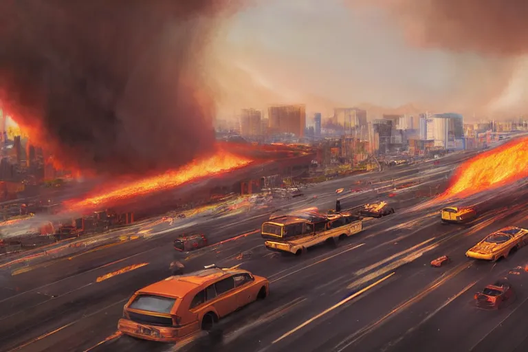 Prompt: a fire tornado going through the las vegas strip, matte painting, long shot, concept art, wide shot, digital art, trending on artstation, 4 k, extremely detailed, realistic, midday, warm colors, golden sunlight, by greg rutkowski, cinematic, epic