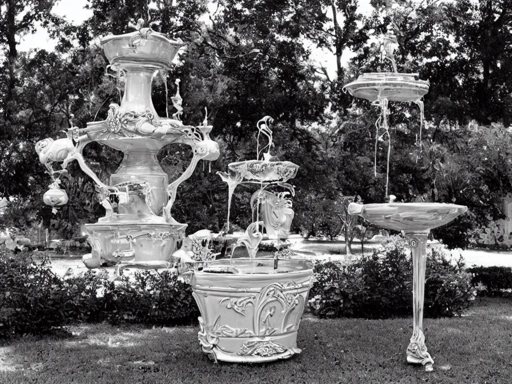 Image similar to Incredible ornate rich beefy gravy fountain in the gardens of the fried chicken mansion. Photograph from Booneville, Louisiana (1971)