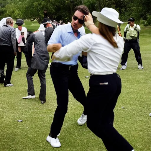 Prompt: FBI agents have disco party on gold course