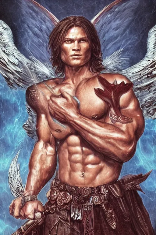 Image similar to muscular Sam Winchester as an angel with religious tattoos on chest and neck, with glowing runes on the body, dark fantasy book cover style, D&D dark fantasy style, sharp focus, ultra detailed, art by Artgerm and Peter Andrew Jones, Karol Bak, Ayami Kojima, Amano and Olivier Ledroit