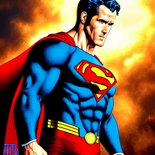 Image similar to uhd photorealistic portrait of ryan reynolds as superman, by amano, ayami kojima, greg rutkowski, lisa frank, mark brooks, and karol bak, masterpiece, cinematic composition, dramatic pose, studio lighting, hyperdetailed