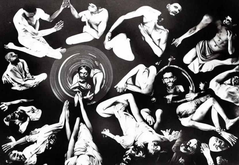 Image similar to smoke session for the ages: Gandhi , Obama, Jesus, And Lady GaGa in a circle on the floor getting high by Andy Warhol and Edward Curtis