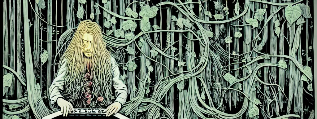 Image similar to a grunge technogaianist long-haired blonde digital musician playing modular synthesizer in the forest, technology and nature swirling in harmony, plugging vines into the synthesizer, trees swaying to the beat, postmodern surrealist concert poster, grainy poster art, hand drawn matte painting by Tara McPherson and Gary Houston, smooth, sharp focus, extremely detailed, 35mm.