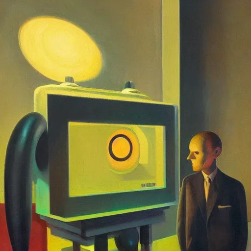 Image similar to a mesmerized robot with large glowing eyes staring at a control panel, portrait, pj crook, grant wood, edward hopper, syd mead, chiaroscuro, oil on canvas