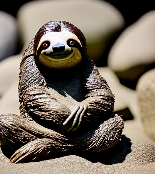 Prompt: a photograph of a sloth levitating while meditating in a zen rock garden, nature photography, highly detailed, intricate details, sharp focus, celestial