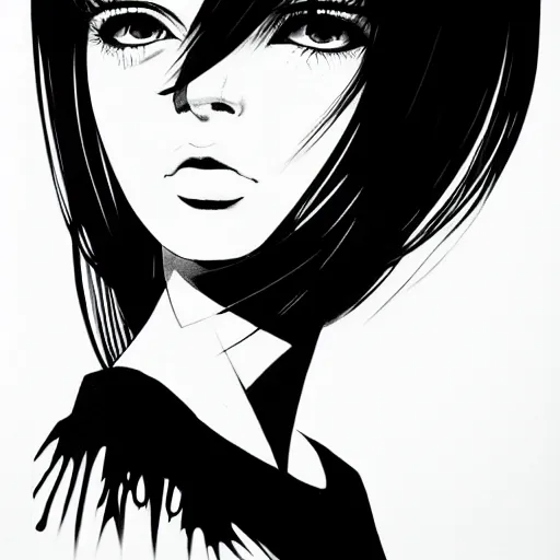 Prompt: an ink drawing of a tech punk girl by ilya kuvshinov, black and white