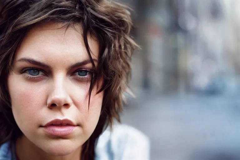 Image similar to closeup potrait of Lauren Cohan in a deserted new york city, photograph, natural light, sharp, detailed face, magazine, press, photo, Steve McCurry, David Lazar, Canon, Nikon, focus