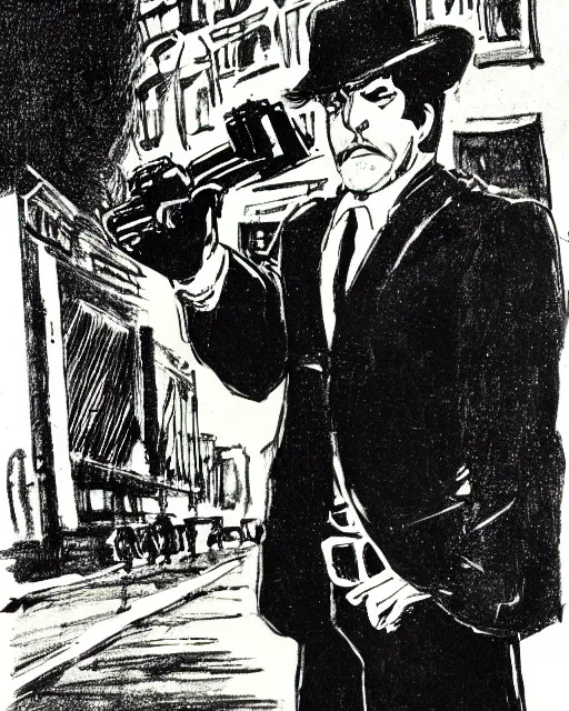 Image similar to detective pointing gun at camera, city street, artwork by ralph bakshi