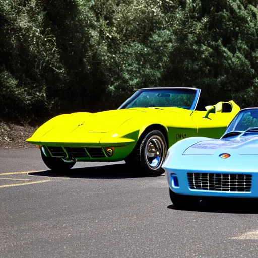 Image similar to blue 1 9 6 9 corvette and a silver 1 9 9 9 miata. 3 5 mm 8 k