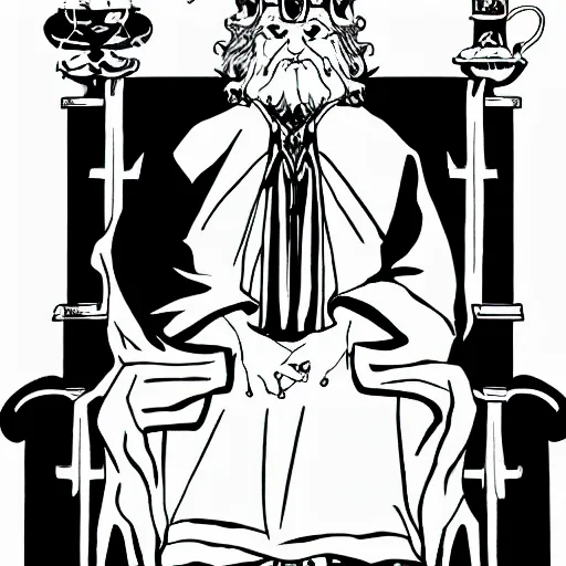 Image similar to An old wizard sitting on a throne, anime style svg