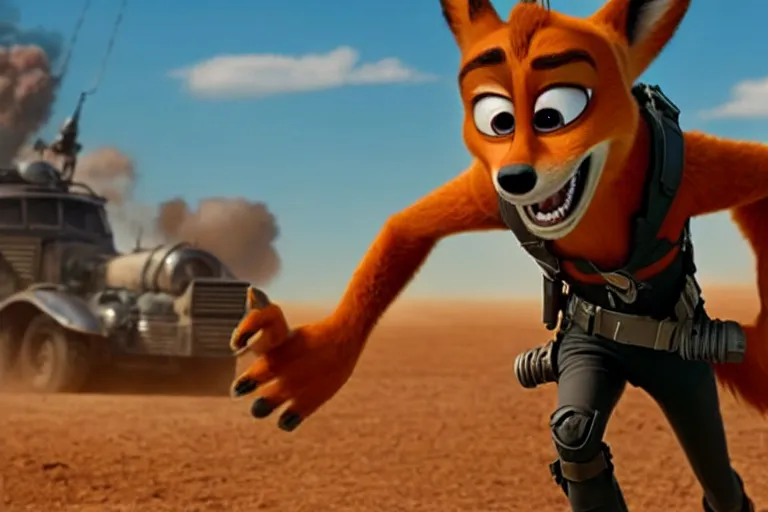 Image similar to nick wilde ( from zootopia ), heavily armed and armored facing down armageddon in a dark and gritty reboot from the makers of mad max : fury road