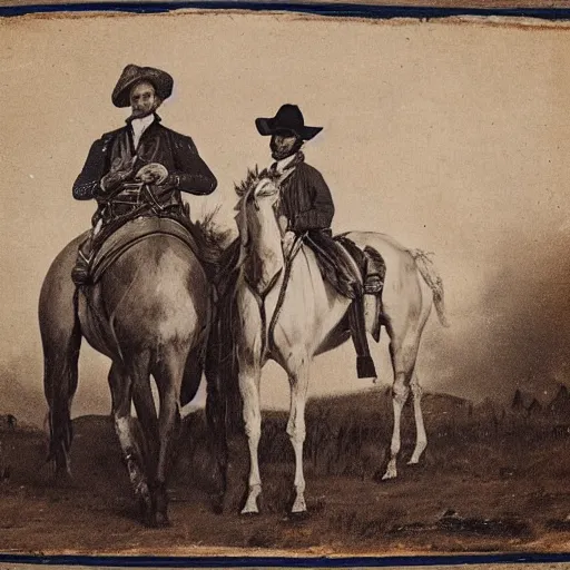 Image similar to portrait of a gay cowboy couple with horses, 1 8 0 0 s