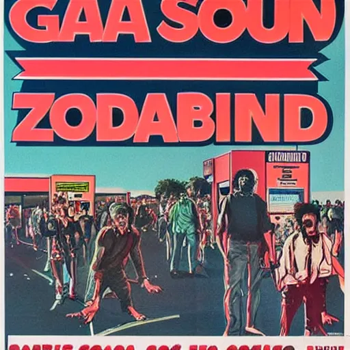 Image similar to A 1980s poster of a gas station being overrun with zombies