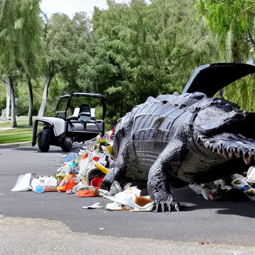 Prompt: one large alligator chained up next to a very large mound of trash, papers, junk, and golf cart parts