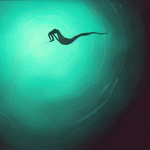 Image similar to michael phelps swimming away from a turquoise squid in the pacific ocean, closeup, portrait, moonlit, dark, ominous, illustration, volumetric light, highly detailed