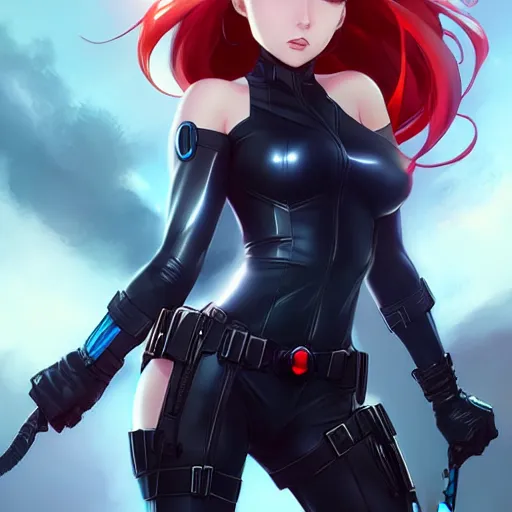 Image similar to black widow as an anime girl by Stanley Artgerm Lau, WLOP, Rossdraws, James Jean, Andrei Riabovitchev, Marc Simonetti, and Sakimichan, trending on artstation