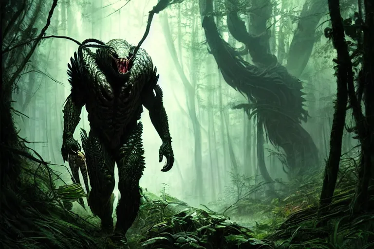 Image similar to ultra realistic, predator walking through dark forest, sci - fi, intricate details, eerie, highly detailed, octane render, 8 k, art by artgerm and alphonse mucha and greg rutkowski