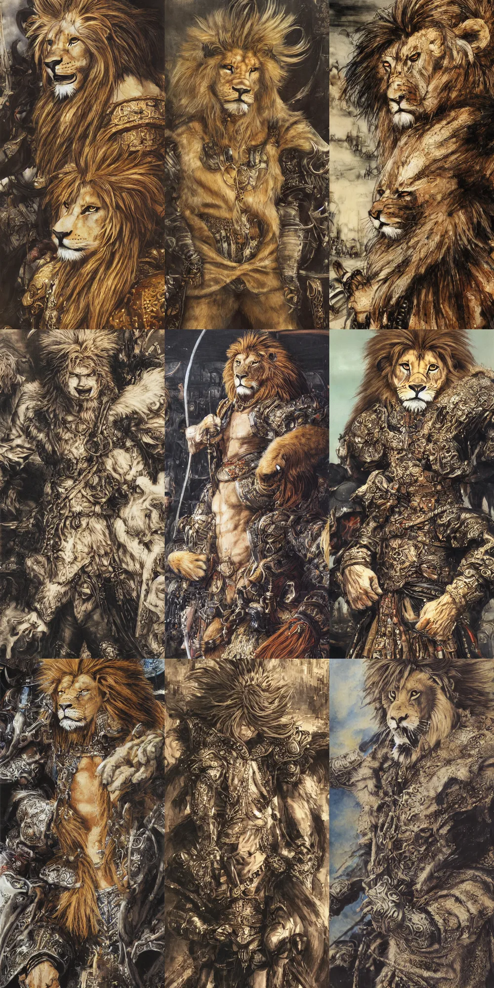 Image similar to 8 k yoshitaka amano painting of upper body of a young cool looking lion beastman with white mane at a medieval market at windy day. depth of field. he is wearing complex fantasy clothing. he has huge paws. renaissance style lighting.