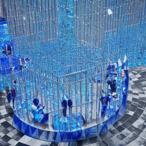 Prompt: people in a blue crystal prison