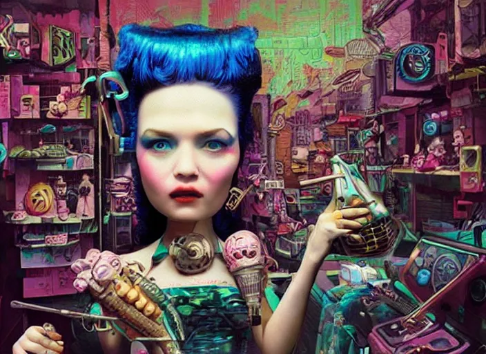 Image similar to a cyberpunk jazz band made of ice creams, lowbrow, matte painting, 3 - d highly detailed, in the style of mark ryden,